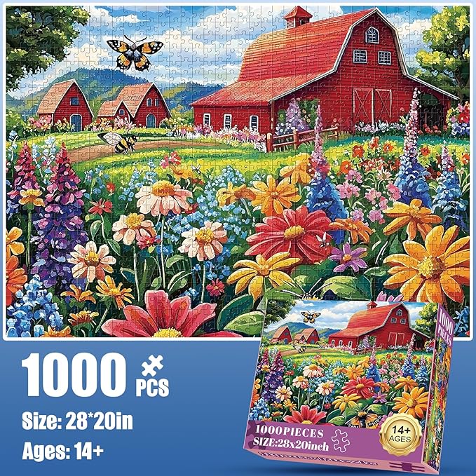 1000 Piece Puzzle for Adults, Honey Bee Farm Puzzles, Butterfly Flowers Garden Jigsaw Puzzles 1000 Pieces, Fun Landscape Puzzle for Adults Kids Seniors,Challenging Family Game Great Gift Idea,28*20 in
