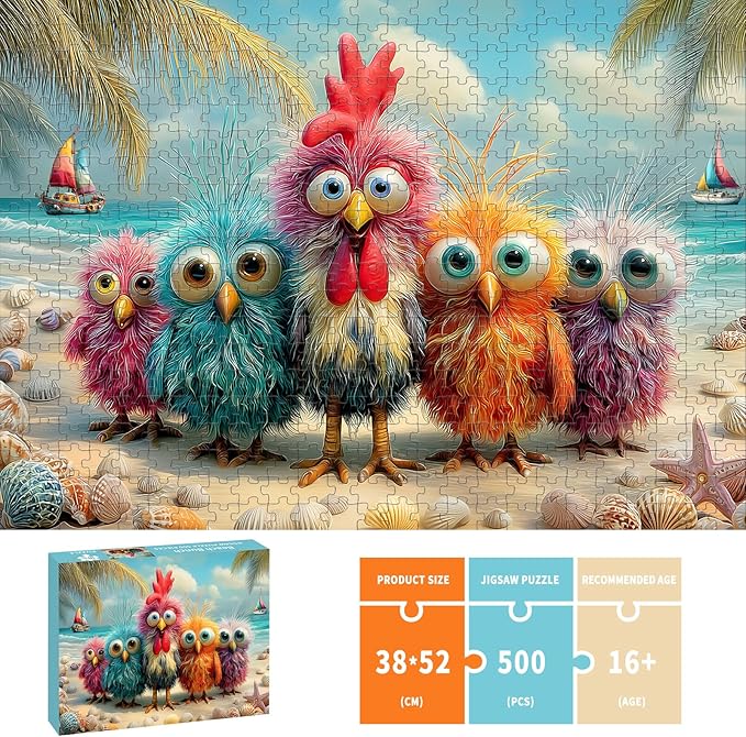 Puzzles for Adults 500 Pieces, Chicken Jigsaw Puzzles - Beach Bunch, Impossible Beach Puzzles for Seniors Family, 20.47x14.96 inches, 1:1 Poster, Letter on The Back
