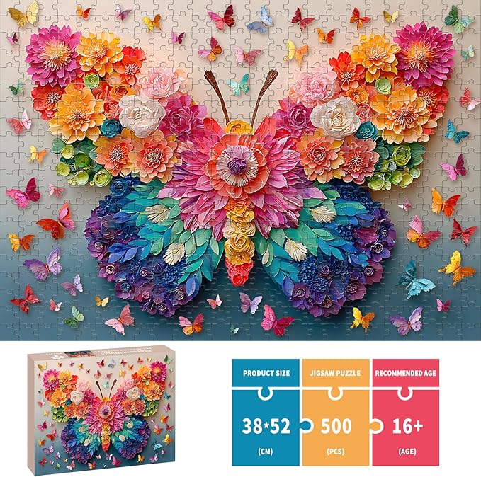 Puzzles for Adults 500 Pieces, Butterfly Jigsaw Puzzles 500 Pieces - Blossom Wings, Flower Art Impossible Puzzle, Finished Size 20.47 * 14.96”, with 1:1 Poster, Letter on The Back