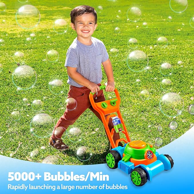 SLOOSH Bubble Lawn Mower Toddler Toys - Spill-Proof Bubble Machine Pretend Gardening Play Toy for Age 1 2 3 1-3 Year Old Baby Boys Indoor Outdoor Use, Easter Basket Stuffers Birthday Gifts (Blue)