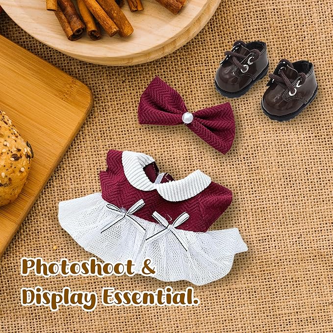 Handmade 17cm Doll Clothes - Cute Styles 15cm/17cm Dolls Outfits, Burgundy Bow - Burgundy Dress - Brown Shoes for Dress Up Gift（Including Shoes） (Wine red Set)