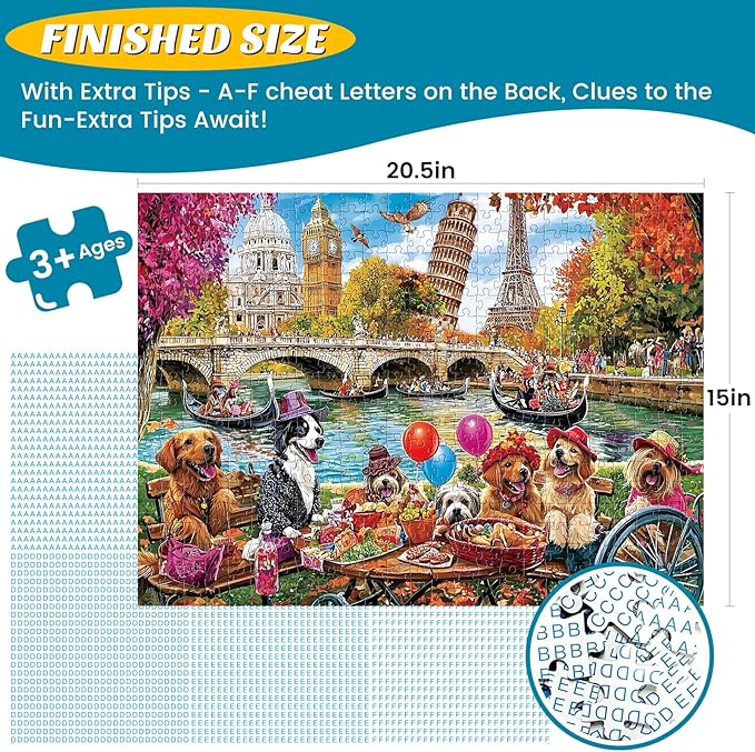 Puzzles for Adults 500 Pieces - Fun Picnic Pups Around The World Puzzle, Dog Gone Days Jigsaw Puzzle, Camping Animal Puzzles for Teens 14-16, Impossible Puzzle Perfect for Game Nights 20.5X 15 in