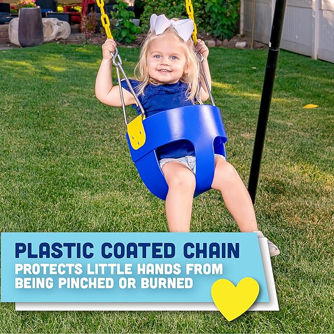 Original High Back Full Bucket Toddler Swing Seat with Plastic Coated Chains and Carabiners for Easy Install - Blue - Squirrel Products