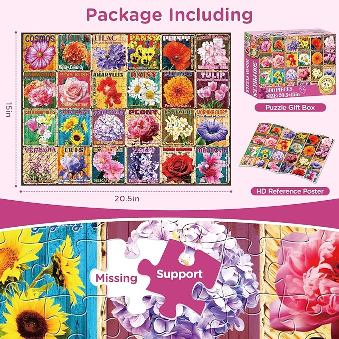 500 Pieces Puzzle for Adults, Colorful Flower Collage Puzzles, Recycled Cardboard Large Pieces Vintage Flower Jigsaw Puzzles 500 Piece,Challenging Game Birthday Party Gift for Adults Seniors 20.5*15in