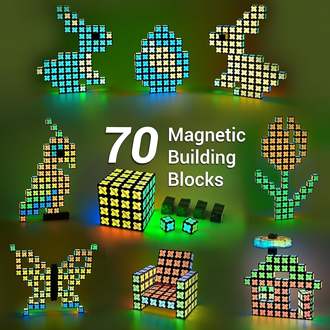 TOSY Magnet Cube 4x4 - 70 Blocks, 560 Magnets, Easter Basket Stuffers for Kids, Multipurpose: Creative Building Blocks, Transformable Fidget Spinner, Puzzle/Infinity Cube, Glowing STEM Toy