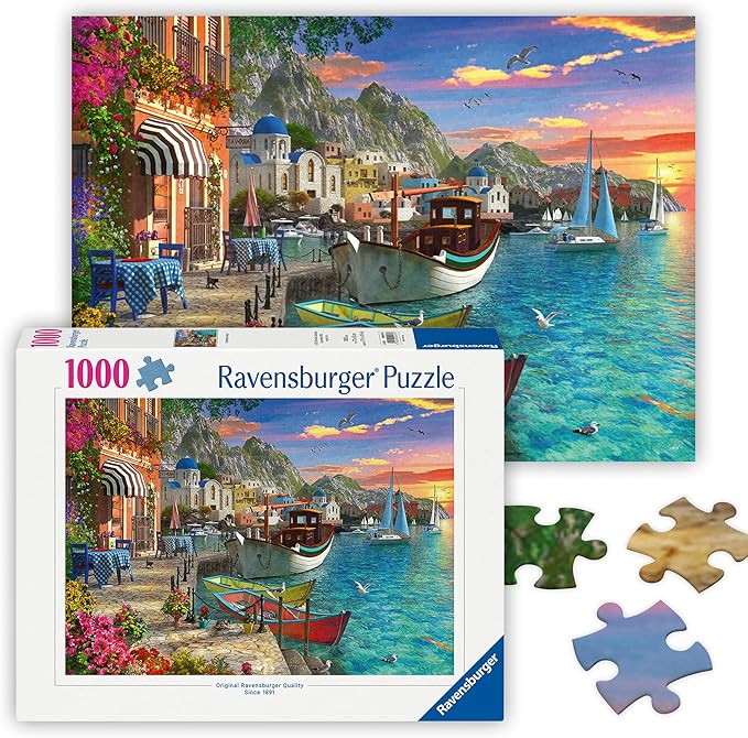 Ravensburger - Grandiose Greece - 1000 Piece Jigsaw Puzzle - Stunning, Exciting Coastal Sunrise Over Town - Bold Colors - Enticing Scene - Ideal Gift - Frameable Art - Puzzles for Adults
