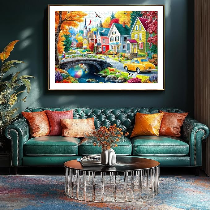 MINIWAN Cozy Autumn Small Town River Puzzles for Adults 1000 Pieces, Colorful Fall Village Houses Bridge Dog Jigsaw Puzzle, Gift for Landscape & Countryside Lovers 27.5x19.7 Inch