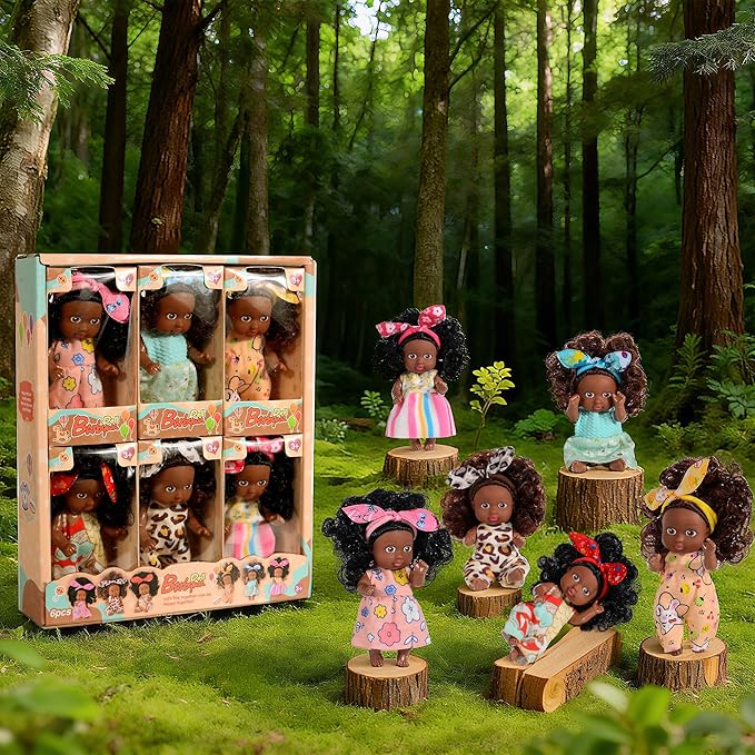 dollbie Adorable 6 Pack African Girl Dolls - Posable 4-Inch African American Dolls with Curly Hair & Stylish Outfits