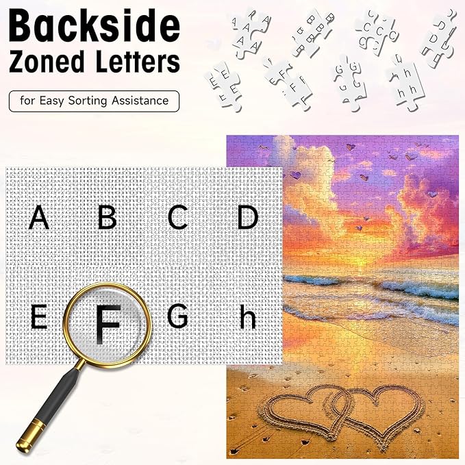 1000 Pieces Jigsaw Puzzles for Adults, Romantic Heart Beach Sunset Puzzle with Letters on Back, 20×28 Inch Hard Difficult Challenging Adult Puzzle for Gift & Home Decor