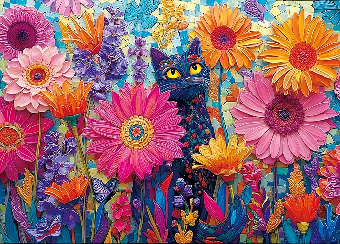 Colorful Flowers Cat Puzzles for Adults 1000 Pieces, Perfectly Letter on Back No Dust, Stained Glass Jigsaw Puzzle Black Cat Theme, Challenging Puzzle Perfect for Game Nights Family Puzzle