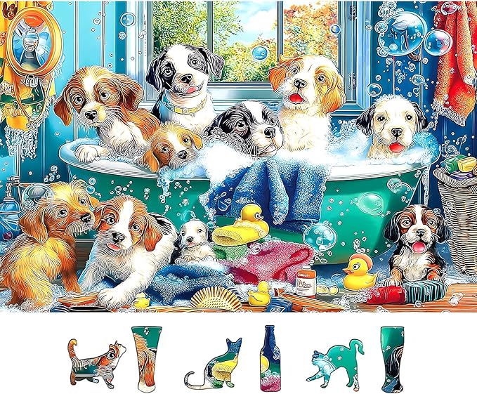 MINIWAN 500 Piece Puzzles for Adults - Playful Bath Time Puppies Jigsaw Puzzle, 23x15 Inches with Unique Irregular Shaped Pieces for Relaxation & Home Wall Decor