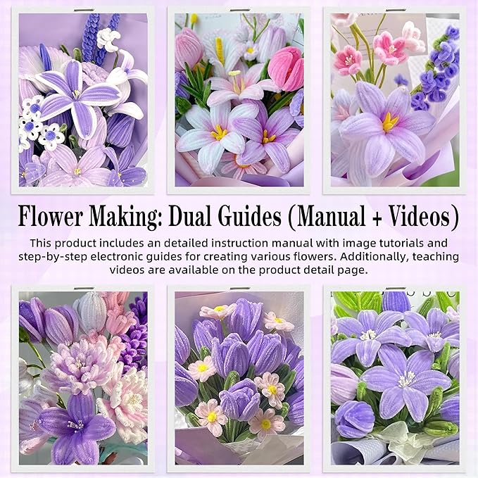 LINAYE 500 PCS Pipe Cleaners Craft, 6 Colors Pipe Cleaners Flowers Kit, Chenille Stems for Crafts with Instruction Wrapping Paper, Flower Stamens, Stems Art and Craft Supplies Purple
