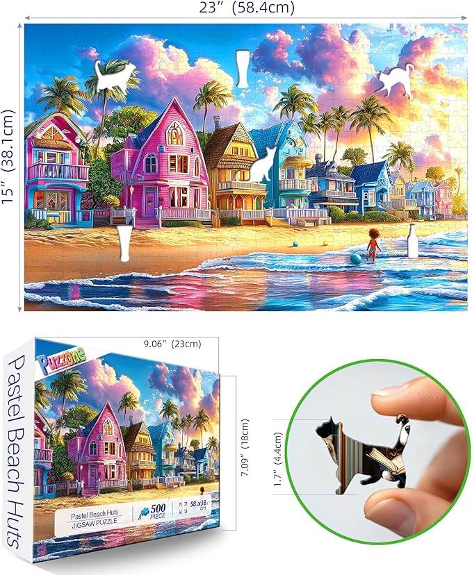 Colorful Beach Houses 500 Piece Jigsaw Puzzles for Adults Tropical Coastal Scene with Palm Trees Sunset Ocean Waves Puzzle with Letters on Back for Adults Teens Seniors Family Puzzle(23"x15")