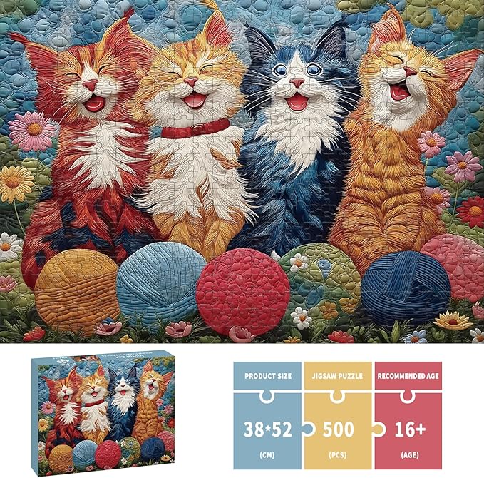 Puzzles for Adults 500 Pieces - Joyful Cat, Quilted Patchwork Artwork Style, Impossible Cat Jigsaw Puzzles, Finished Size 20.47 * 14.96”, with 1:1 Poster, Letter on The Back