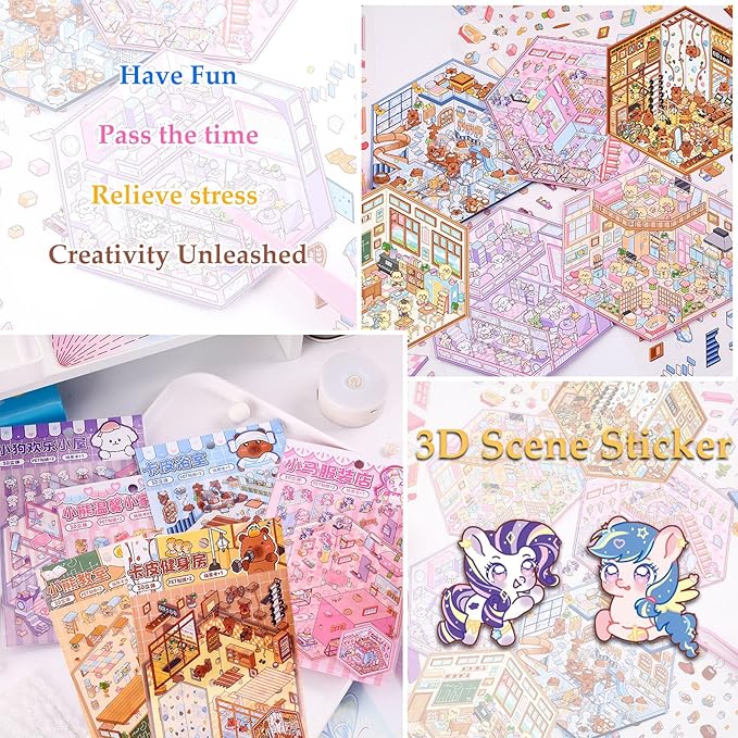 DIY 3D Sticker Scene, 6 Sets of Aesthetic Stickers for Girls Make Your Own Mini Shop Scenes Stickers for Kids Sticker Therapy for Adult Relief Stress, Holiday & Christmas Fun