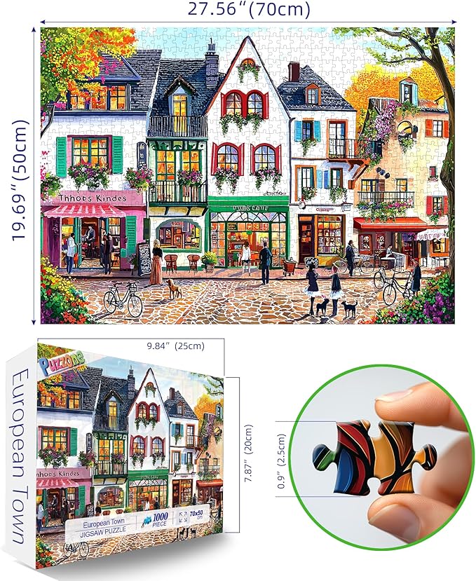 European Street Scene 1000 Piece Jigsaw Puzzle for Adults Seniors Colorful Buildings Autumn Tree Jigsaw Puzzle with Letters on Back Framable Puzzles for Perfect Family Game Night(27.6"x19.7")