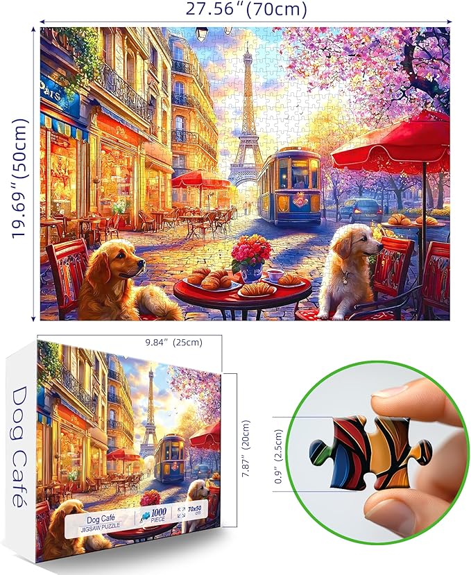1000 Pieces Puzzle for Adults, Paris Cafe Scene with Eiffel Tower Jigsaw Puzzles, Perfectly Fitting Pieces, Home Decor Birthday Party Gift for Adults Seniors 27.5" x 19.7"