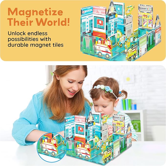 PicassoTiles 8pc Metro City Vehicle Magnet Building Block Set with Magnetized Action Figures Compatible with Magnetic Tile Kits STEAM Educational Construction Playset for Boys Girls Age 3 Plus PTA24
