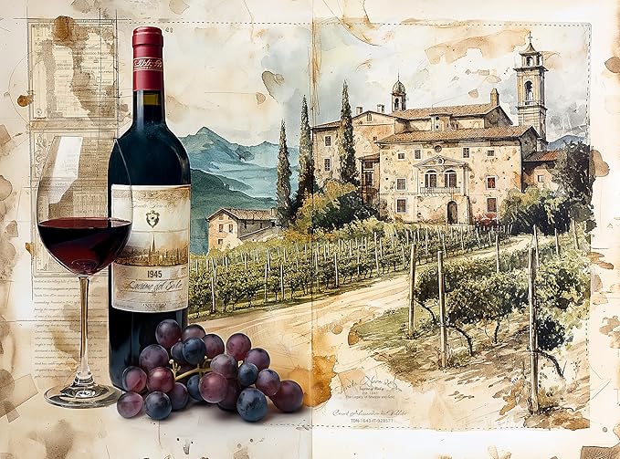 1000 Piece Jigsaw Puzzle for Adults - Wine Vineyard in Italy - A 1945 Bottle and Glass of Wine from Tuscany in Front of Rows of Grape Vines - Challenging Europe Puzzle - 20x27 inch