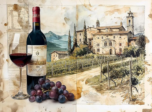 1000 Piece Jigsaw Puzzle for Adults - Wine Vineyard in Italy - A 1945 Bottle and Glass of Wine from Tuscany in Front of Rows of Grape Vines - Challenging Europe Puzzle - 20x27 inch