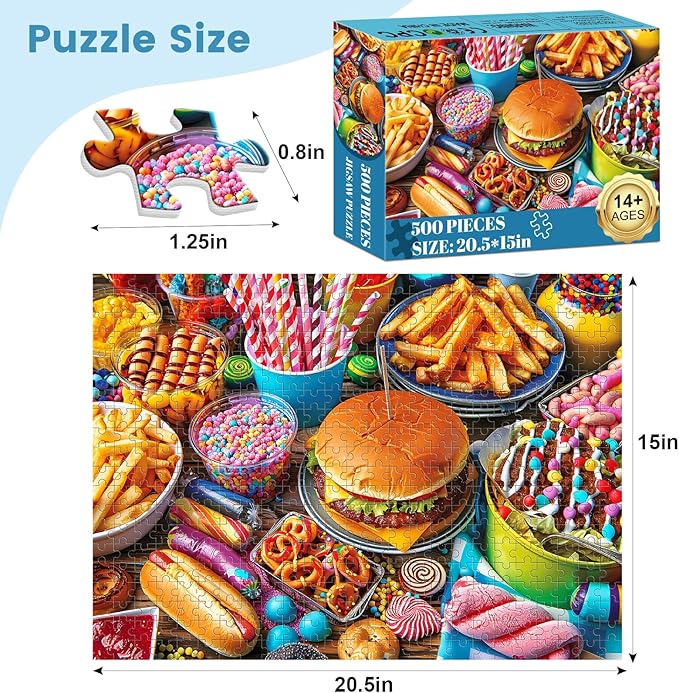 500 Piece Puzzle for Adults, Hamburger Jigsaw Puzzles, Youths Favorite Foods Puzzles 500 Pieces, Birthday and Barious Holiday Party for Family Adult, Funny Puzzle for Adults, 20.5x15 in