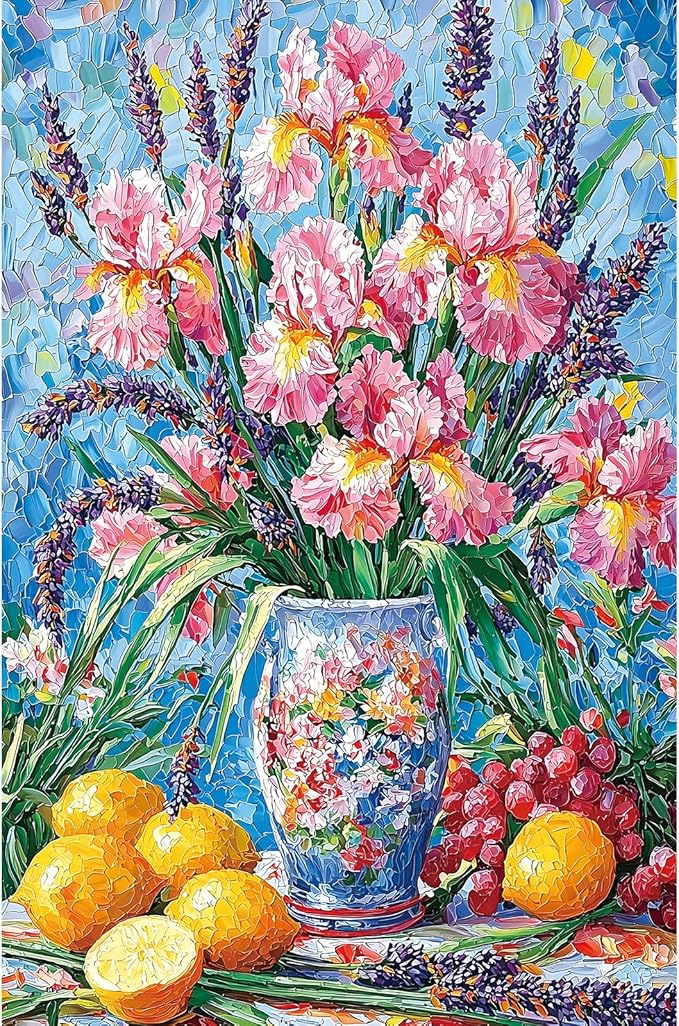 Colorful Floral 500 Piece Jigsaw Puzzles for Adults Vintage Vase with Iris Flower Still Life Art Puzzles with Letters on Back Perfect for Family Seniors Game Nights Adult (23”x15”)