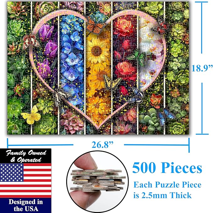 Think2Master Colorful Flowers Succulents & Butterflies 500 Pieces Very Large Pieces Jigsaw Puzzle for 13+ Adults & Seniors. Beautiful Vibrant Heart Valentine's Day Illustration 26.8” X 18.9”