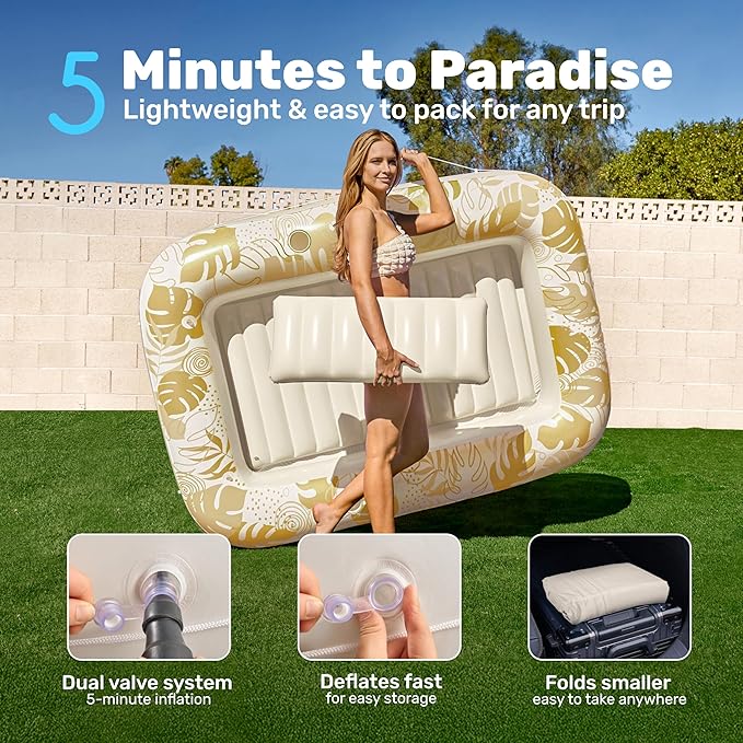 SLOOSH Inflatable Tanning Pool Lounger Float, 70" x 46" Pool Floats Adult with Pillow, 4 in 1 Suntan Tub Raft Floatie,Sunbathing Bed Lounge for Water Blow Up Kids Ball Pit Party Gifts, L-Golden White