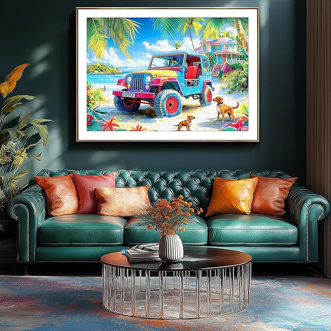 500 Piece Puzzle for Adults, Jigsaw Puzzles with Tropical Beach Jeep Scene, Funny Puzzle, Perfectly Fitting Pieces, Home Decor Birthday Party Gift for Adults Seniors 23x15 Inches