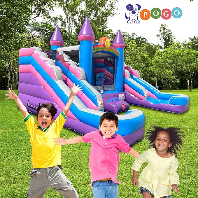 Crossover Purple Castle Double Water Slide Bounce House Combo, 16.5 x 15 x 11 Foot, PVC Vinyl Inflatable Bouncy House for Kids, Wet or Dry Slides, with Stakes and Storage Bag, Blower not Included