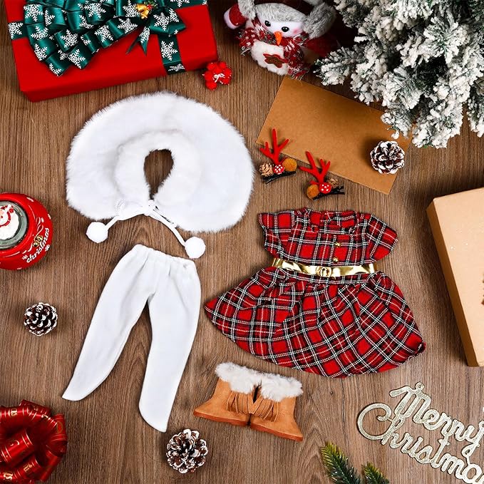 UPINS 18 Inch Doll Clothes and Accessories, Santa Costume Winter Doll Outfits Set Christmas Costume Playset Including Dress Fur Cape Tights Boots Hair Clips for Girls Gifts