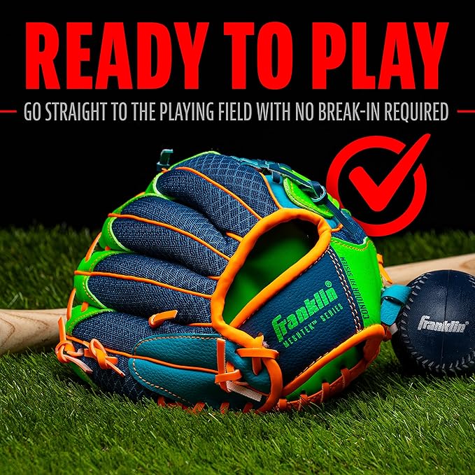 Franklin Sports Kids Baseball Glove + Foam Ball Sets - Meshtek Youth Teeball Gloves for Kids + Toddlers - Left + Right Hand Throw - 9.5" Inch