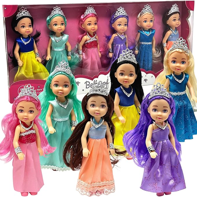 Little Dolls Set with Mini Princess Dolls for Girls – Princess Toy Dolls for Dollhouse –Small Doll Mini Princess Figures with Tiaras, Hair Accessories