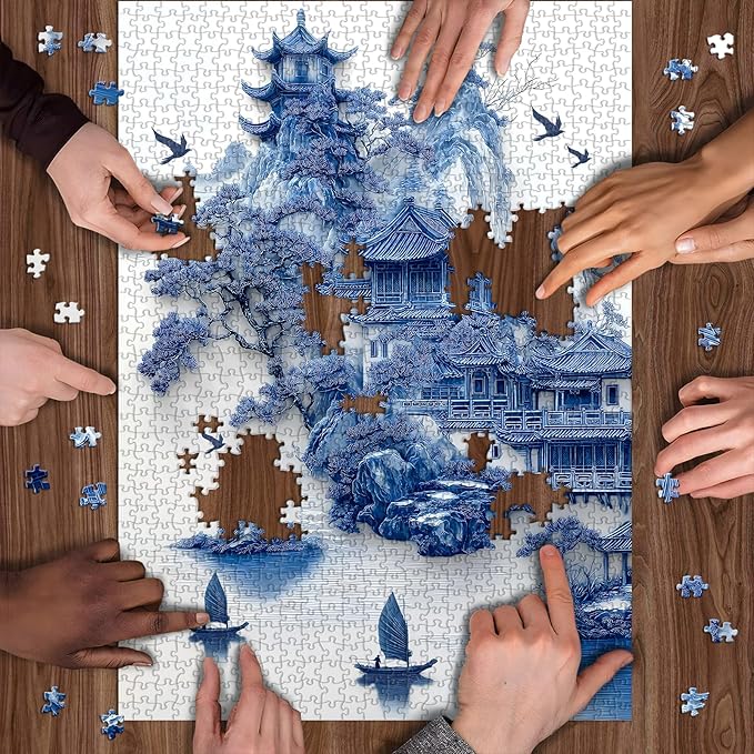 Impossible Landscape Puzzles for Adults 1000 Pieces，Nature Aesthetic Puzzle Blue and White Scenery,Unique Chinese Scenic Jigsaw Puzzles with Birds Boat,Hard Difficult Challenge Building Puzzle