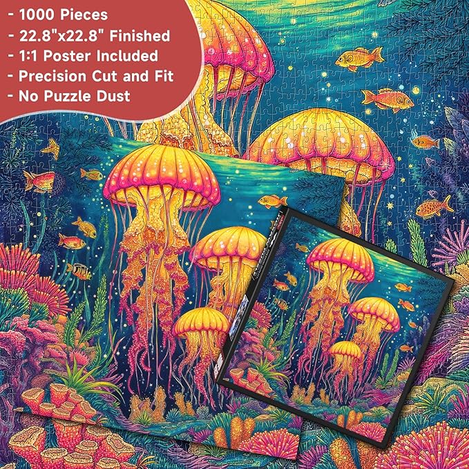 Glowing Neon Jellyfish 1000 Piece Jigsaw Puzzle for Adults - Underwater Coral Reef Scene with Tropical Fish, Poster & Lettered Back, 22.8" Square HD Quality, Unique Gift for Ocean & Art Lovers