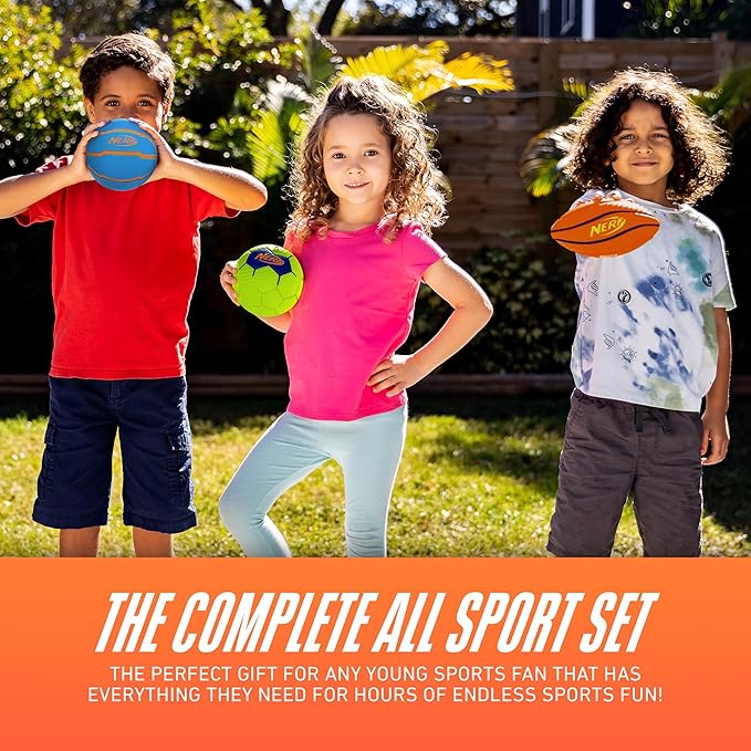 Nerf Mini Foam Sports Ball Set - Foam Football, Soccer Ball + Basketball Soft Sports Toy for Kids