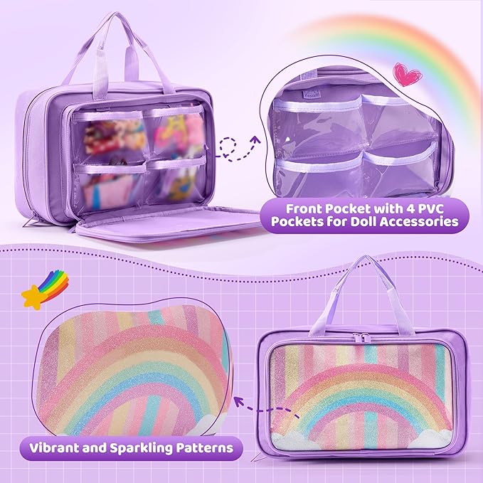 Carrying Case Compatible with Barbie Dolls 12-Inch, Storage Organizer Holder with Handle for up to 6 Dolls, Multiple Pockets for Clothes & Accessories,Travel Portable Storage Bag,Purple