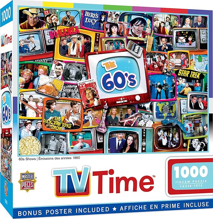MasterPieces - 1000 Piece Jigsaw Puzzle, Nostalgic 60’s TV Shows Collage, Retro Entertainment Fun for Adults, Family, Kids, Non-Glare Finish, 19.25" x 26.75"