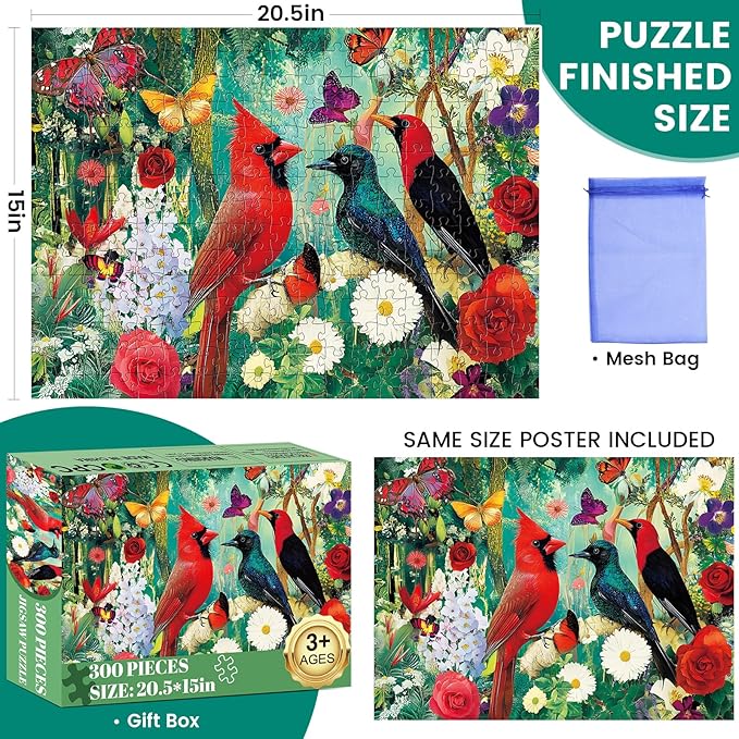 Puzzles 300 Pieces for Adults, 300 Piece Bird Garden Adult Puzzles Jigsaw Puzzle, Recycled Cardboard Puzzle Game, Family Activity Night, Great Gift Toy for Family, Friends, Kids, 20.5 * 15 Inch