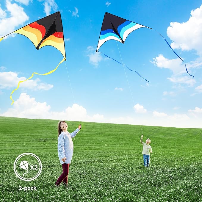 SYNCFUN 2 Packs Large Delta Kite Gradient Blue and Yellow– Easy to Fly for Kids and Adults, Beach Kite with 328 ft String for Outdoor Games and Activities