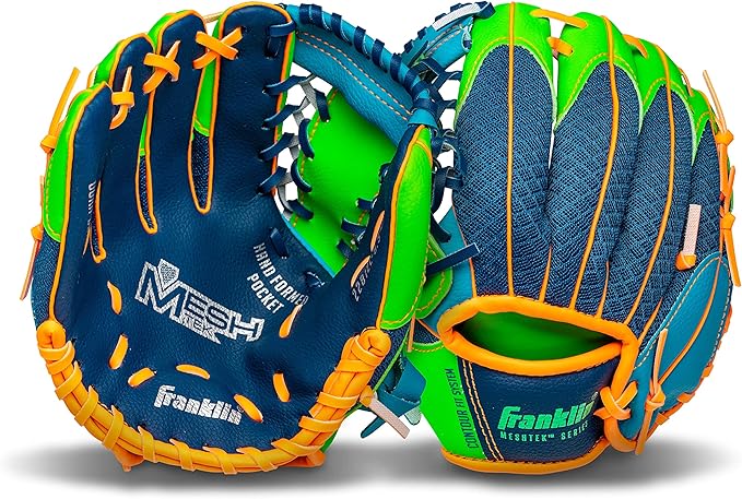 Franklin Sports Kids Baseball Glove + Foam Ball Sets - Meshtek Youth Teeball Gloves for Kids + Toddlers - Left + Right Hand Throw - 9.5" Inch