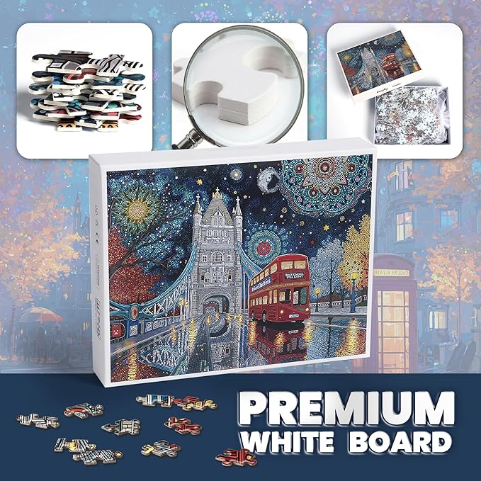 Puzzles for Adults 1000 Pieces, London Tower Bridge City Bus Van Gogh Starry Night, 1000 Piece Puzzle for Adults Seniors, Hard Jigsaw Puzzles with Letters on Back, 1:1 Poster