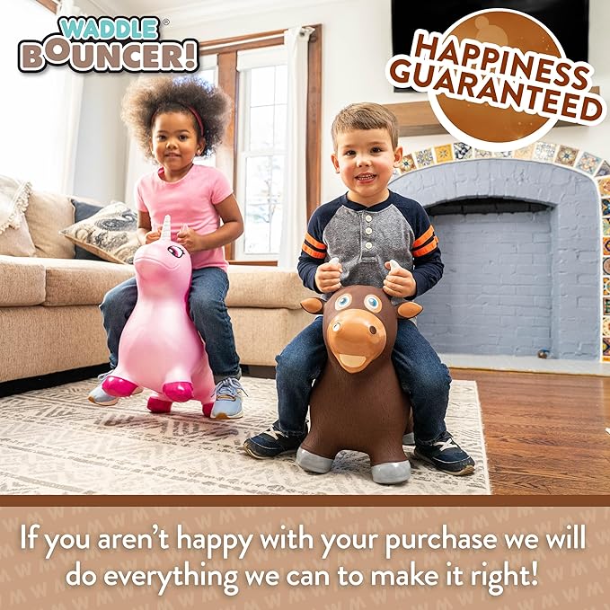 WADDLE Bouncy Hopper Inflatable Hopping Animal, Indoors and Outdoors Toy for Toddlers and Kids, Pump Included, Boys and Girls Ages 2 Years and Up (Brown Bull)