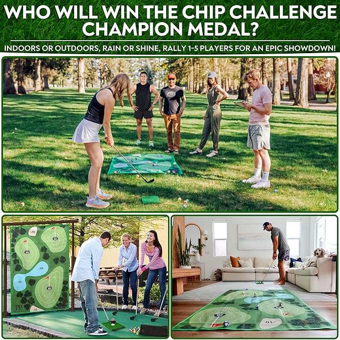 Golf Chipping Mat with Adjustable Golf Club - 48 Piece Outdoor Indoor Golf Game for 1-5 Players - Giant Turf Hitting Mat with Tee, 25 Sticky Balls, Travel Bag for Golfers for All Ages