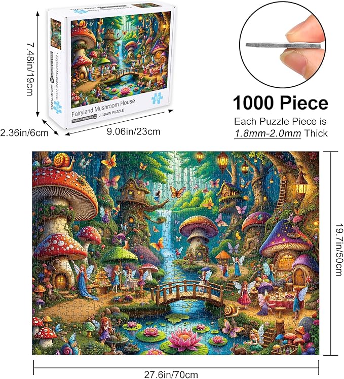 Rocorose Jigsaw Puzzle for Adults, 1000 Pieces Fairyland Mushroom House Puzzle Colorful Fairy Cottage Puzzle Challenging Family Perfect for Game Nights Party Butterfly Flower Decoration
