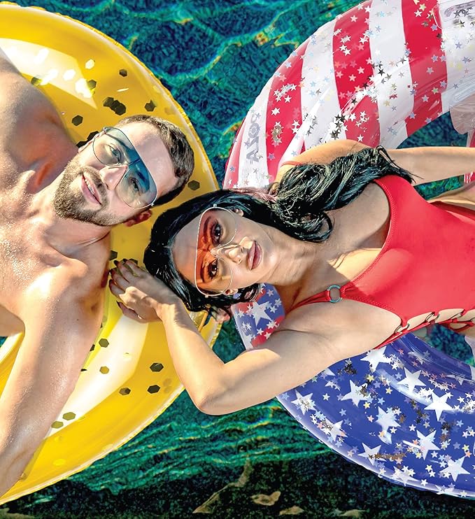 POZA Inflatable USA Pool Float - Luxurious Fun Lounger Filled with Sparkle Silver Stars Confetti, Cool USA Flag Design Water Swimming Pool Floaties for Beach, Lake & Pool
