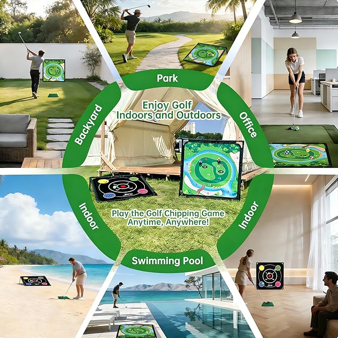 Golf Chipping Game Set Double-Sided,Golf Practice Target Mat with 20 Sticky Balls and Golf Club- Portable Indoor-Outdoor Chipping Golf Gift for Men, Women & Family (1Pack)