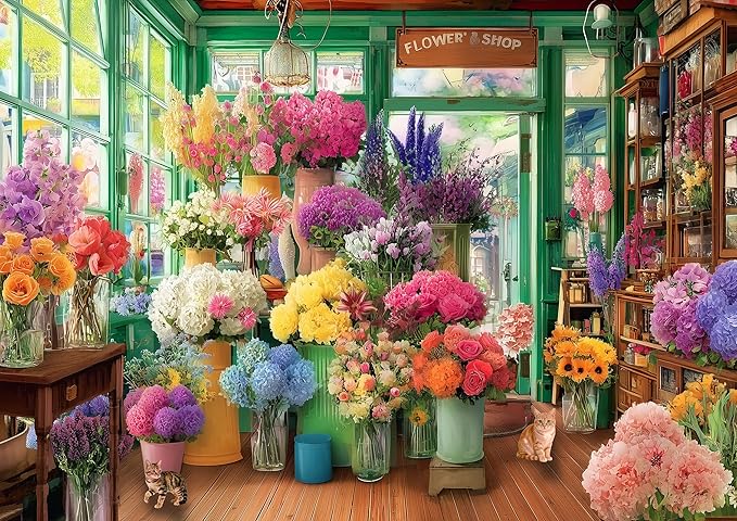 500 Piece Puzzle for Adults – Cat Flower Shop Jigsaw Puzzle 500 Pieces for Adults – Interlock Perfectly Letter on Back No Dust, Home Decor Birthday Party Gift Toy for Men Women Elders Seniors