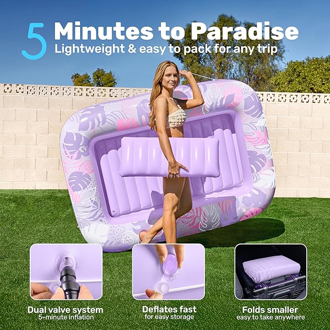 SLOOSH Inflatable Tanning Pool Lounger Float, 70" x 46" Pool Floats Adult with Pillow, 4 in 1 Suntan Tub Raft Floatie,Sunbathing Bed Lounge for Water Blow Up Ball Pit Party Gifts, L-Purple
