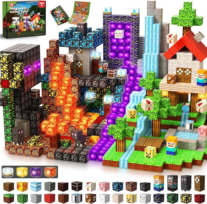 200 PCS Magnetic Blocks with Light Up Blocks - Magnetic Building Blocks, Magnetic Construction Cube Toys, STEM Sensory Learning Toys, Easter Christmas Birthday Gifts for Toddlers Boys and Girls Age 3+